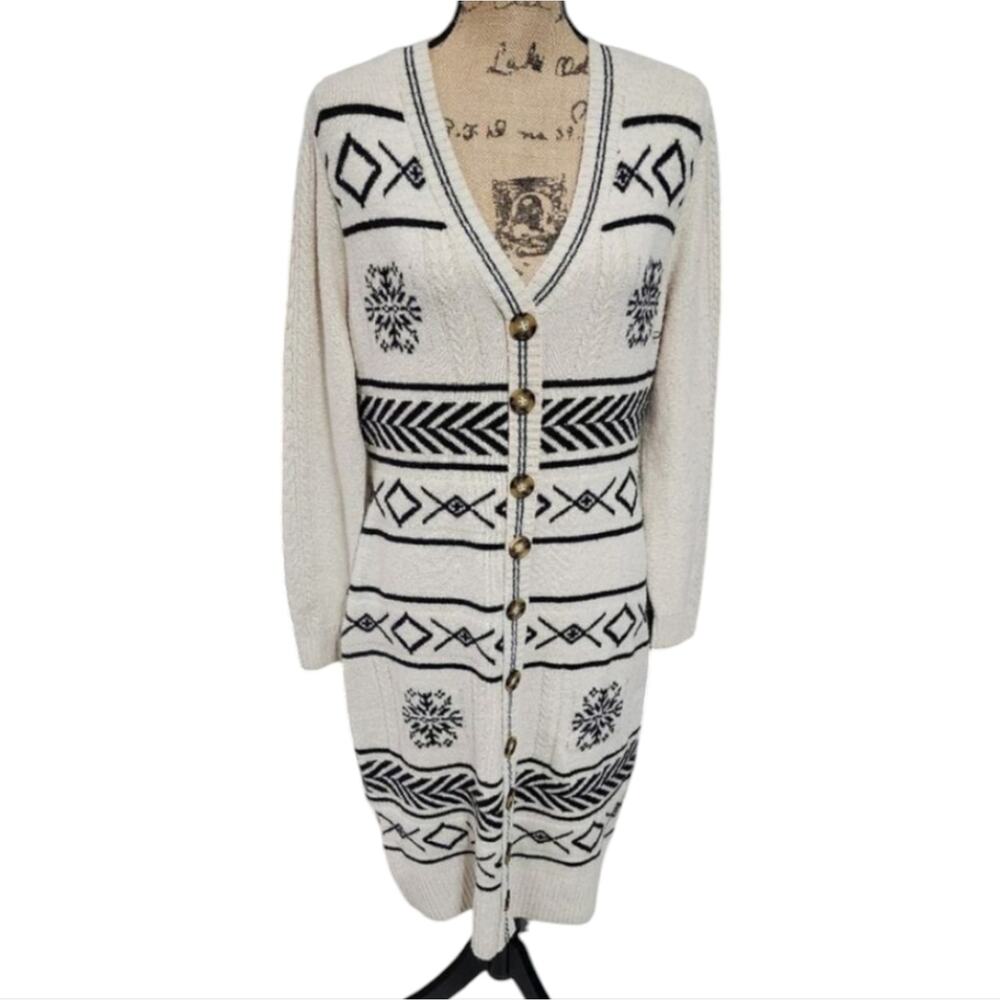 Lucky Brand Cream Black Jacquard Snowflake Longline Cardigan Sweater L NEW